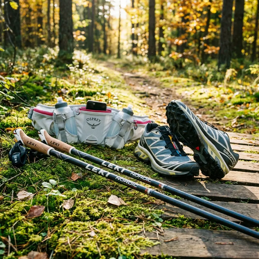 Professionelle Nordic Walking Ausrüstung: Carbon-Stöcke, spezielle Walkingschuhe und Funktionskleidung