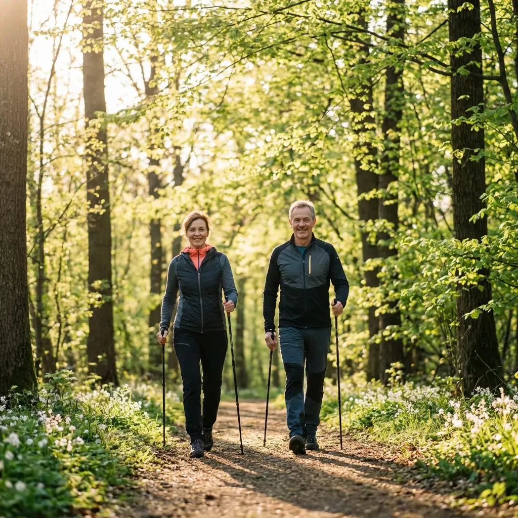 Ein Paar beim Nordic Walking im sonnendurchfluteten Wald - Perfekte ALFA Technik in der Natur